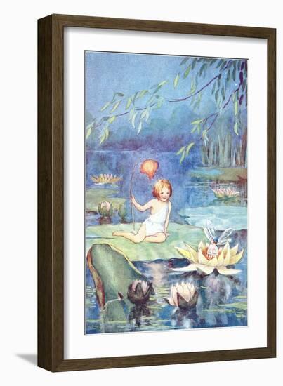 Child and Fairy on Lily Pond-null-Framed Art Print