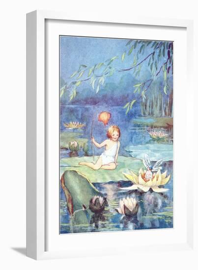 Child and Fairy on Lily Pond-null-Framed Art Print