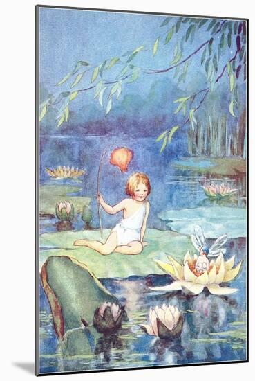 Child and Fairy on Lily Pond-null-Mounted Art Print