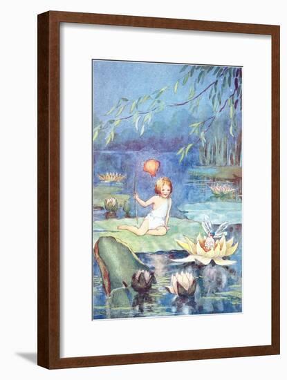 Child and Fairy on Lily Pond-null-Framed Art Print