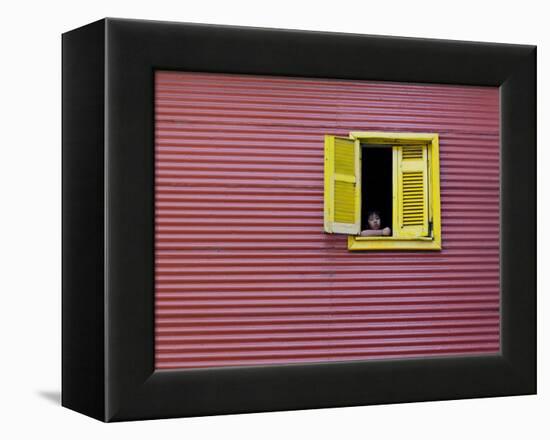 Child at a Window, La Boca, Buenos Aires, Argentina, South America-Thorsten Milse-Framed Premier Image Canvas