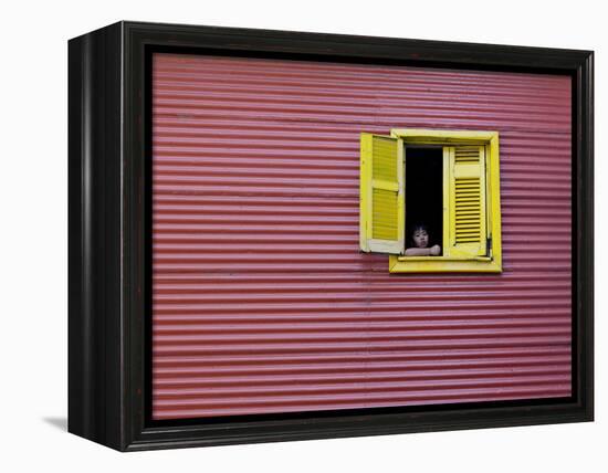 Child at a Window, La Boca, Buenos Aires, Argentina, South America-Thorsten Milse-Framed Premier Image Canvas