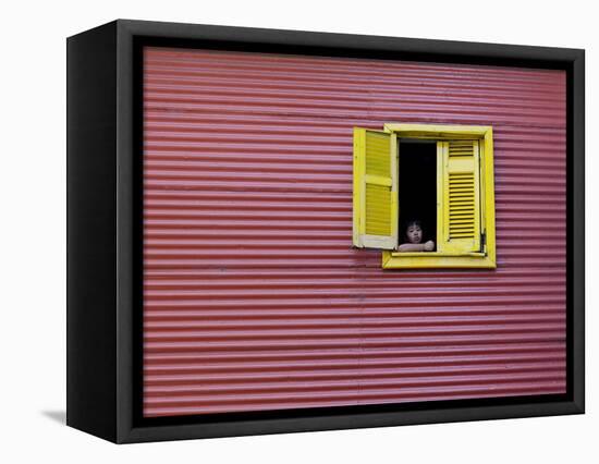Child at a Window, La Boca, Buenos Aires, Argentina, South America-Thorsten Milse-Framed Premier Image Canvas