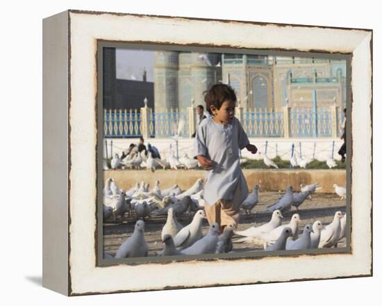 Child Chasing the Famous White Pigeons, Mazar-I-Sharif, Afghanistan-Jane Sweeney-Framed Premier Image Canvas