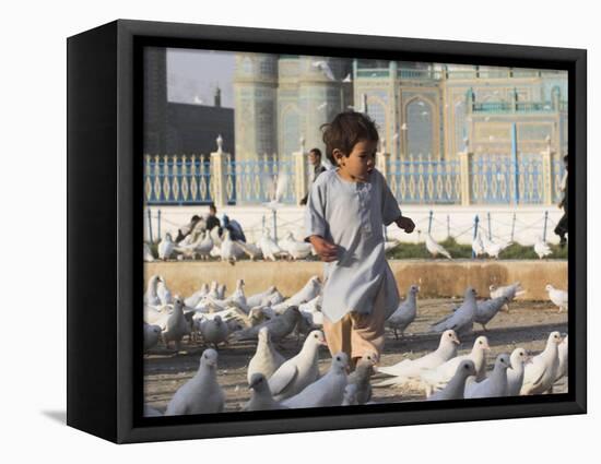 Child Chasing the Famous White Pigeons, Mazar-I-Sharif, Afghanistan-Jane Sweeney-Framed Premier Image Canvas