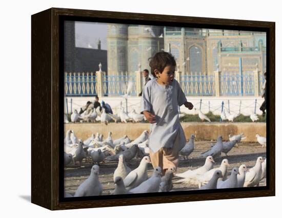 Child Chasing the Famous White Pigeons, Mazar-I-Sharif, Afghanistan-Jane Sweeney-Framed Premier Image Canvas