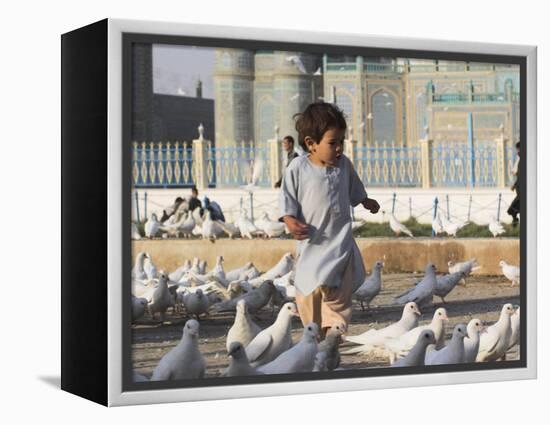 Child Chasing the Famous White Pigeons, Mazar-I-Sharif, Afghanistan-Jane Sweeney-Framed Premier Image Canvas