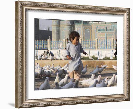 Child Chasing the Famous White Pigeons, Mazar-I-Sharif, Afghanistan-Jane Sweeney-Framed Photographic Print