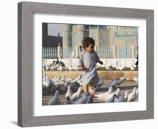 Child Chasing the Famous White Pigeons, Mazar-I-Sharif, Afghanistan-Jane Sweeney-Framed Photographic Print