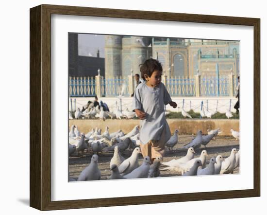 Child Chasing the Famous White Pigeons, Mazar-I-Sharif, Afghanistan-Jane Sweeney-Framed Photographic Print