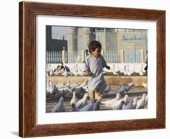 Child Chasing the Famous White Pigeons, Mazar-I-Sharif, Afghanistan-Jane Sweeney-Framed Photographic Print