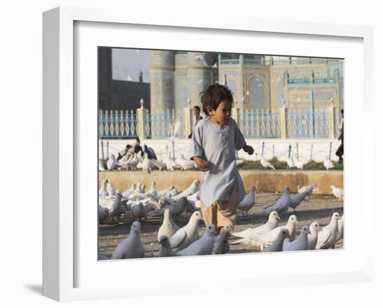 Child Chasing the Famous White Pigeons, Mazar-I-Sharif, Afghanistan-Jane Sweeney-Framed Photographic Print