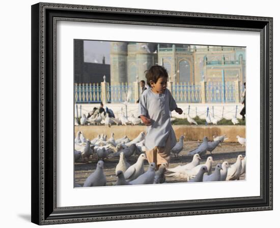 Child Chasing the Famous White Pigeons, Mazar-I-Sharif, Afghanistan-Jane Sweeney-Framed Photographic Print