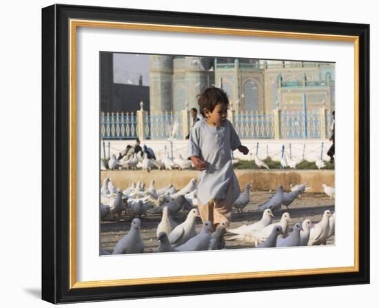 Child Chasing the Famous White Pigeons, Mazar-I-Sharif, Afghanistan-Jane Sweeney-Framed Photographic Print