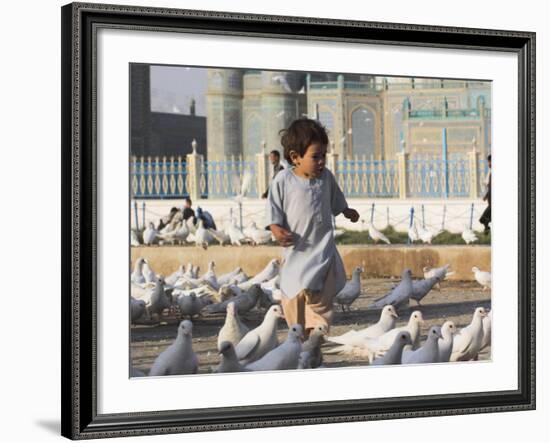 Child Chasing the Famous White Pigeons, Mazar-I-Sharif, Afghanistan-Jane Sweeney-Framed Photographic Print