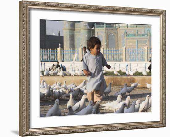 Child Chasing the Famous White Pigeons, Mazar-I-Sharif, Afghanistan-Jane Sweeney-Framed Photographic Print