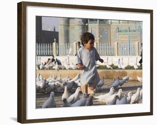 Child Chasing the Famous White Pigeons, Mazar-I-Sharif, Afghanistan-Jane Sweeney-Framed Photographic Print