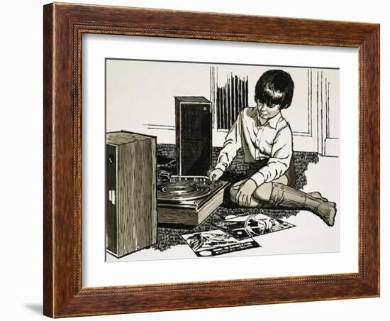 Child Playing a Record Player-English School-Framed Giclee Print