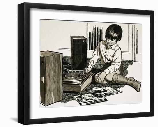 Child Playing a Record Player-English School-Framed Giclee Print