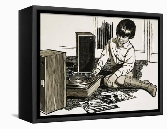 Child Playing a Record Player-English School-Framed Premier Image Canvas