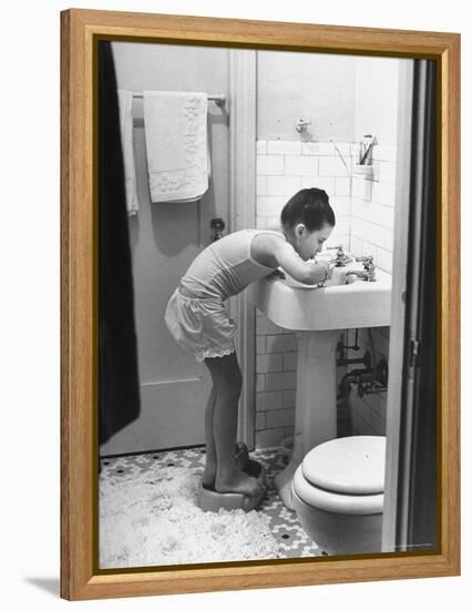 Child Star Margaret O'Brien Brushing Her Teeth-Bob Landry-Framed Premier Image Canvas