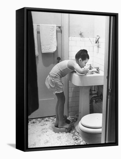 Child Star Margaret O'Brien Brushing Her Teeth-Bob Landry-Framed Premier Image Canvas