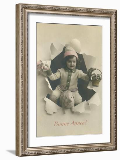 Child with Pig Bursting Through Paper-null-Framed Art Print