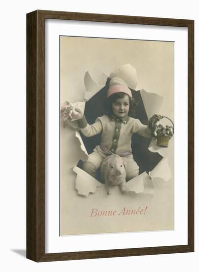 Child with Pig Bursting Through Paper-null-Framed Art Print