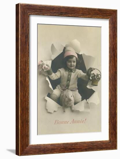 Child with Pig Bursting Through Paper-null-Framed Art Print