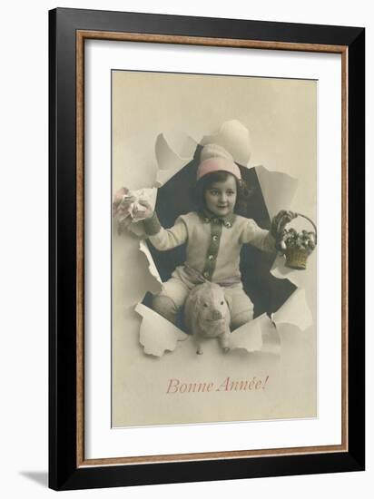 Child with Pig Bursting Through Paper-null-Framed Art Print