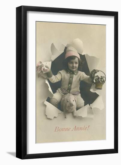 Child with Pig Bursting Through Paper-null-Framed Art Print