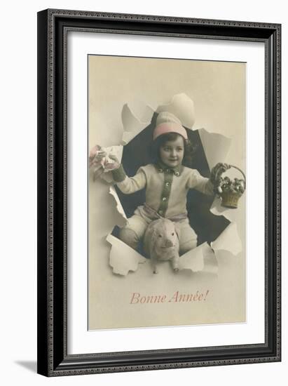 Child with Pig Bursting Through Paper-null-Framed Art Print
