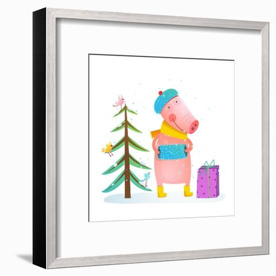 Childish Cheerful Little Pig in Winter Warm Clothes with Fur Tree and Birds. Colorful Cartoon for K-Popmarleo-Framed Art Print