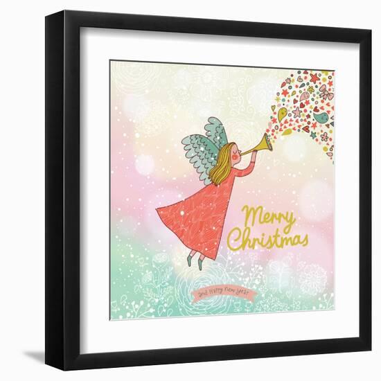 Childish Merry Christmas Card in Vector. Cute Cartoon Fairy in the Sky with Bokeh Effect. Stylish H-smilewithjul-Framed Art Print