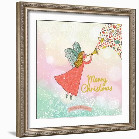 Childish Merry Christmas Card in Vector. Cute Cartoon Fairy in the Sky with Bokeh Effect. Stylish H-smilewithjul-Framed Art Print