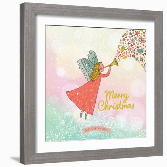 Childish Merry Christmas Card in Vector. Cute Cartoon Fairy in the Sky with Bokeh Effect. Stylish H-smilewithjul-Framed Art Print