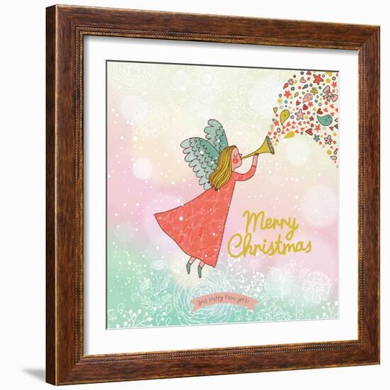 Childish Merry Christmas Card in Vector. Cute Cartoon Fairy in the Sky with Bokeh Effect. Stylish H-smilewithjul-Framed Art Print
