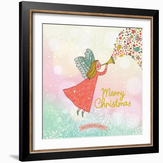 Childish Merry Christmas Card in Vector. Cute Cartoon Fairy in the Sky with Bokeh Effect. Stylish H-smilewithjul-Framed Art Print