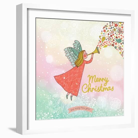 Childish Merry Christmas Card in Vector. Cute Cartoon Fairy in the Sky with Bokeh Effect. Stylish H-smilewithjul-Framed Art Print