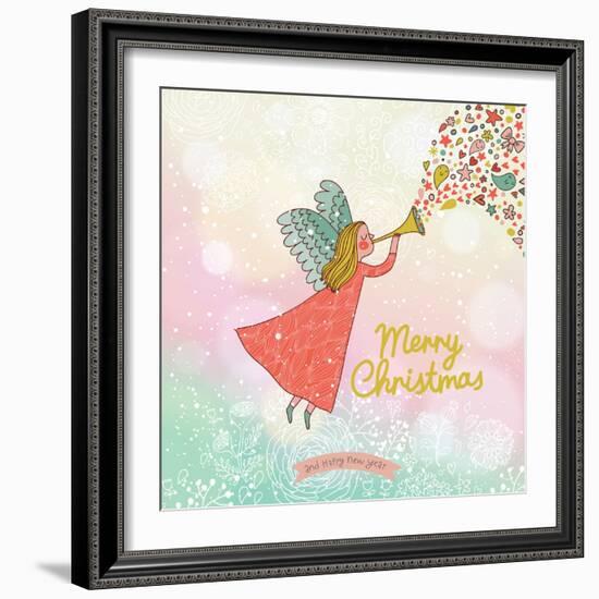 Childish Merry Christmas Card in Vector. Cute Cartoon Fairy in the Sky with Bokeh Effect. Stylish H-smilewithjul-Framed Art Print