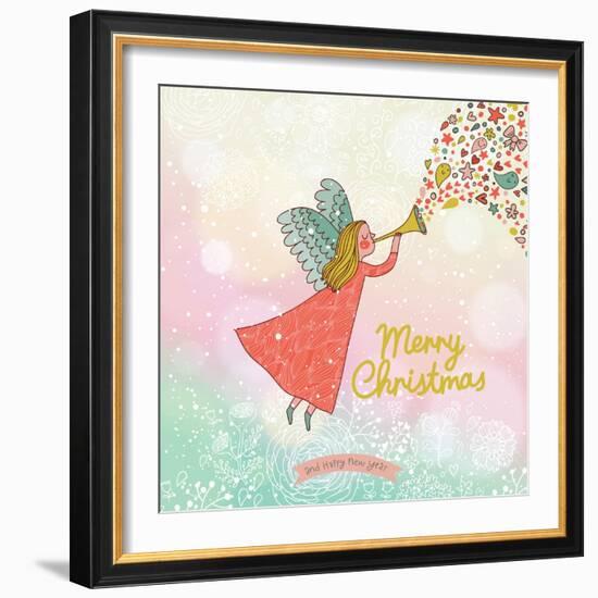 Childish Merry Christmas Card in Vector. Cute Cartoon Fairy in the Sky with Bokeh Effect. Stylish H-smilewithjul-Framed Art Print