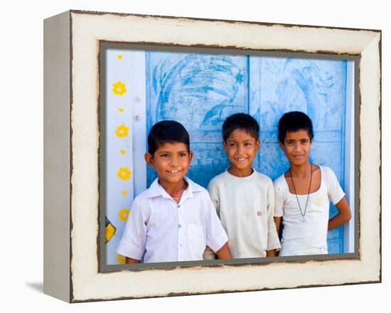 Children Against Blue Wall in Jaipur, Rajasthan, India-Bill Bachmann-Framed Premier Image Canvas