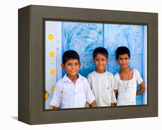 Children Against Blue Wall in Jaipur, Rajasthan, India-Bill Bachmann-Framed Premier Image Canvas