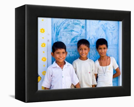 Children Against Blue Wall in Jaipur, Rajasthan, India-Bill Bachmann-Framed Premier Image Canvas