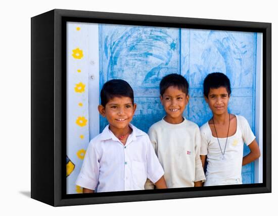 Children Against Blue Wall in Jaipur, Rajasthan, India-Bill Bachmann-Framed Premier Image Canvas