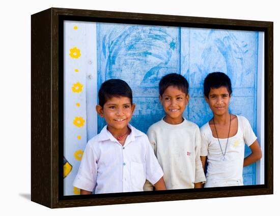 Children Against Blue Wall in Jaipur, Rajasthan, India-Bill Bachmann-Framed Premier Image Canvas