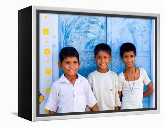 Children Against Blue Wall in Jaipur, Rajasthan, India-Bill Bachmann-Framed Premier Image Canvas