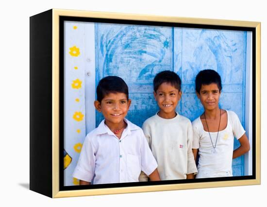 Children Against Blue Wall in Jaipur, Rajasthan, India-Bill Bachmann-Framed Premier Image Canvas