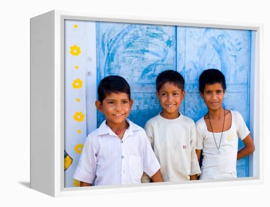 Children Against Blue Wall in Jaipur, Rajasthan, India-Bill Bachmann-Framed Premier Image Canvas