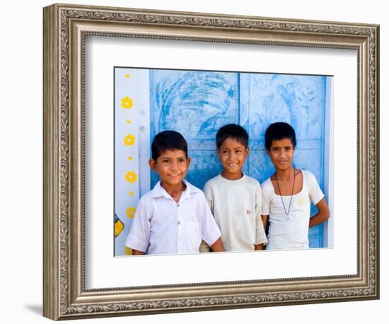 Children Against Blue Wall in Jaipur, Rajasthan, India-Bill Bachmann-Framed Photographic Print